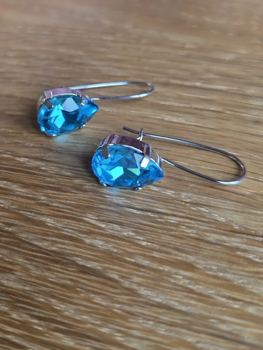Pear Shape Blue Crystal Drop  Silver Earrings | Handmade